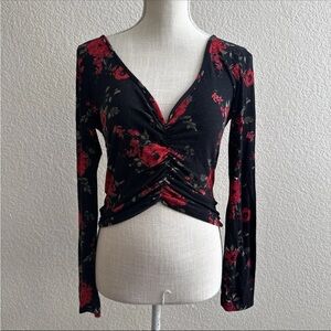 Orange Kiss Floral Top Large Black Roses V Neck Drawstring Crop Top